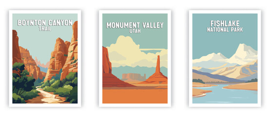 Boynton Canyon, Monument Valley, Fishlake Illustration Art. Travel Poster Wall Art. Minimalist Vector art