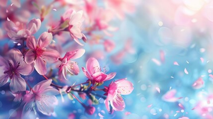 Blue spring banner with pink flowers, soft blur,