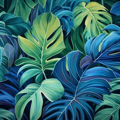 Tropical leaves seamless pattern, green and blue color palette. Generative AI.