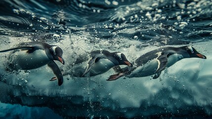 Emperor penguins (Aptenodytes forsteri) dive into the water near the German Antarctic Station Neumayer, Aka Bay