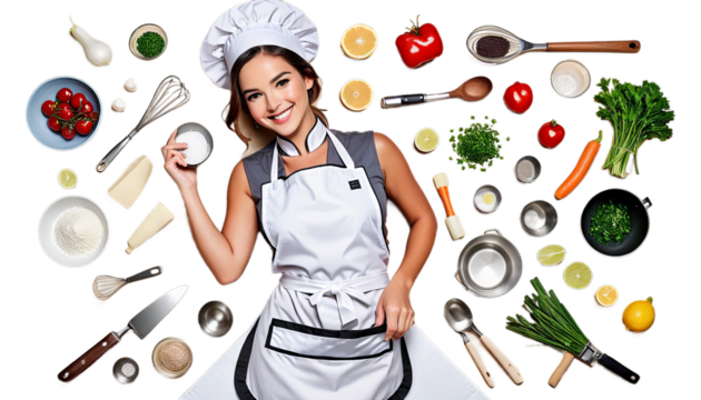 wearing female apron smiling chef person clothing indoor human face shirt cook wall standing kitchen occupation gastronomy career woman cookery profession talented meal skilled culinary arts receipe