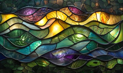 Stained glass depicting the Northern Lights with undulating green and purple lights