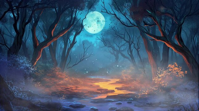 Mystical fantasy forest on a misty night illuminated by a full moon and glowing lights
Seamless looping 4k time-lapse virtual video animation background. Generated AI