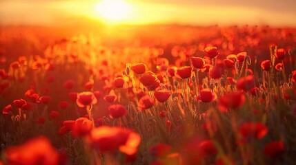 Blurred Poppy field at sunset in the spring. Red poppies in sunset light. Summer nature concept. Concept: nature, spring, biology, fauna, environment, ecosystem. Red beauty landscape