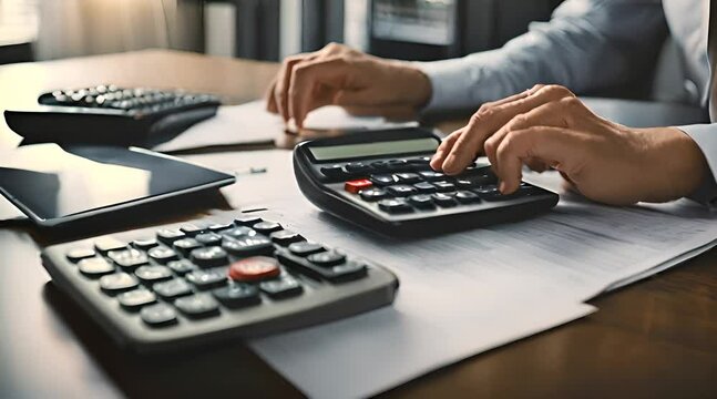 Accountant working on desk using calculator for calculate finance report in office