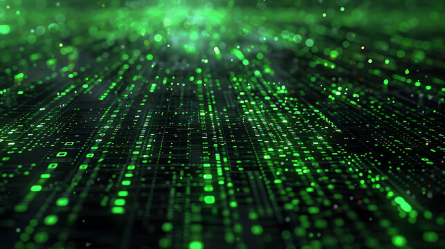 Abstract digital matrix with floating hexadecimal codes in shades of neon green and black. Generative AI illustration 