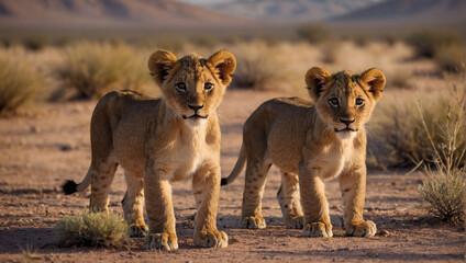 Curious young lion cubs gaze directly at the camera in the desert wilderness.