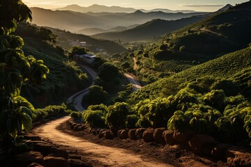 The dawn sun illuminates the coffee plantations in the mountains