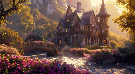 Beautiful medieval fantasy mansion, with a small bridge over the river and beautiful flowers in front of it - Powered by Adobe