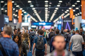 Group of individuals walking and mingling in a bustling convention hall during a tech conference or expo