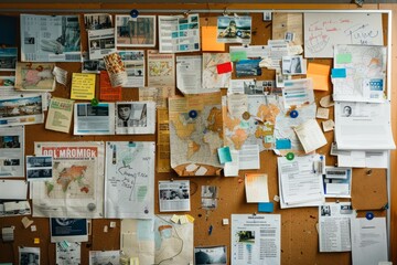 A bulletin board completely covered with various papers, showcasing information, announcements, and notices in a busy and chaotic display