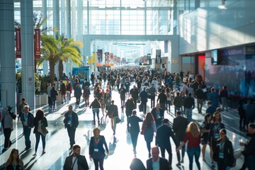 A bustling crowd of people walking through a convention hall at a tech conference or expo