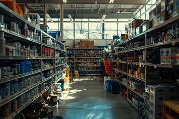 A large warehouse filled with shelves stocked with items in an auto parts store