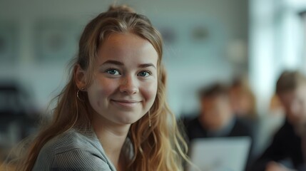 Fototapeta premium Happy young businesswoman smiling at the camera, dressed in professional attire, with a positive and confident expression, in a modern office environment