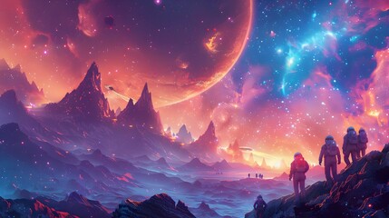 Fototapeta premium Breathtaking Cosmic Landscape with Glowing Planets and Trekkers Exploring Alien Terrain