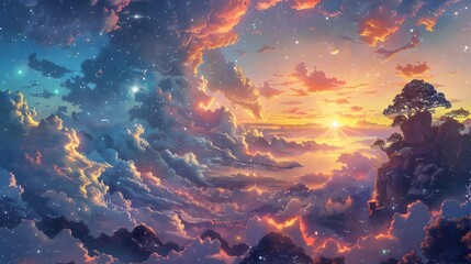 Captivating Celestial Landscape at Dramatic Sunset with Glowing Clouds and Stars