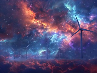 Captivating Cosmic Turbulence:A Dramatic Celestial Landscape with Renewable Energy Technology