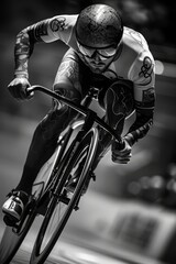 Naklejka premium A man is riding a bicycle with a helmet on