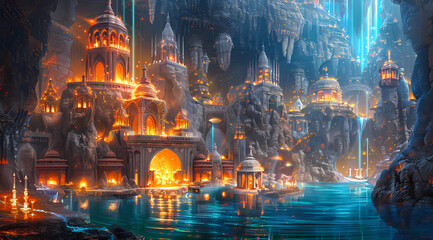 A fantasy cityscape of an ancient Indian kingdom, bathed in the glow of magical blue and orange...