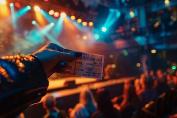 A person excitedly holds up a concert ticket at a lively event, showcasing anticipation and...