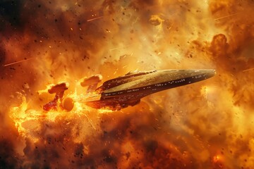A Star Trek ship is caught in a fierce battle, surrounded by flames and smoke amidst a massive...
