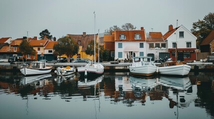 boats docked on the water in front of some houses