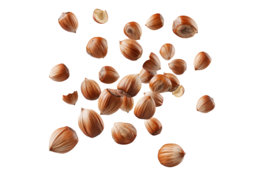 Falling whole hazelnuts isolated on transparent background