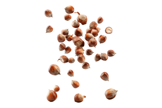 Falling whole hazelnuts isolated on transparent background
