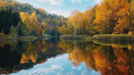 Fototapeta premium Reflection of serene water showcases a forest by the river in autumn