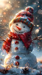 Cheerful Snowman Surrounded by Sparkling Snow During Winter Wonderland