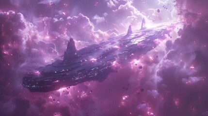 Colossal Spaceship Looms Through Ominous Purple Nebula in Cosmic Interstellar Void