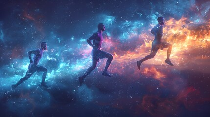 Cosmic Runners Soaring Through Ethereal Energies of the Universe