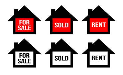 House for sale, sold, and rent icons set design vector. Real estate agent market property economic investment.