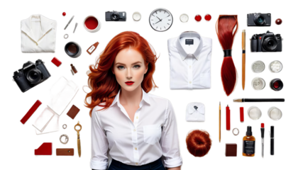 white woman hair shirt red female fashion portrait beauty redhead stylish elegant confident young attractive trendy casual attire natural sunlight summer happy smiling joyful carefree relaxed