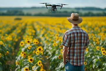 Drone Farmer Surveying Sunflower Field on Rural Summer Day
