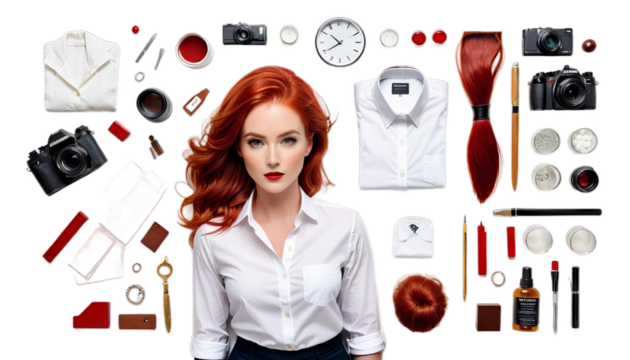 white woman hair shirt red female fashion portrait beauty redhead stylish elegant confident young attractive trendy casual attire natural sunlight summer happy smiling joyful carefree relaxed