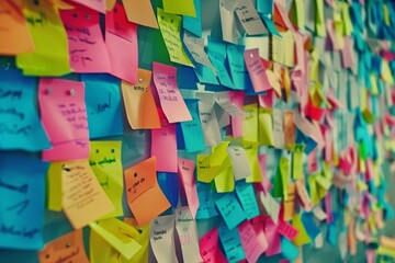 Closeup of a bulletin board filled with colorful post it notes pinned with various messages and reminders