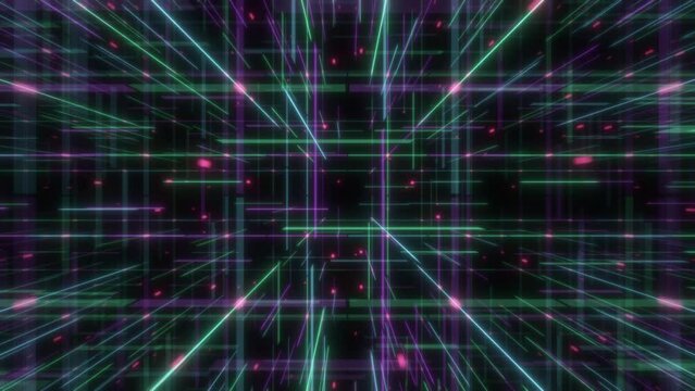 格子状の3D空間を進んでいくレトロな色味のワープトンネルのループ背景
Retro colorful warp tunnel loop background advancing through a lattice-like 3D space