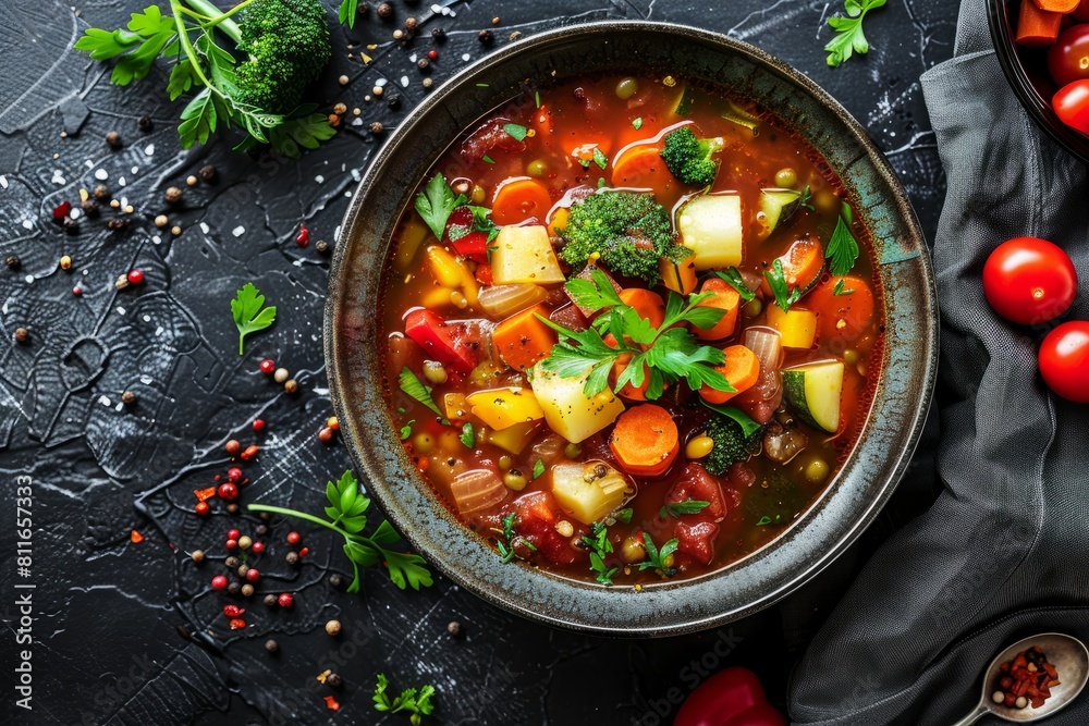 Poster A bowl filled with colorful vegetable minestrone soup resting on a wooden table