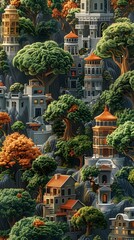 Fototapeta premium Enchanting Fantasy Village with Whimsical Architecture and Lush Greenery