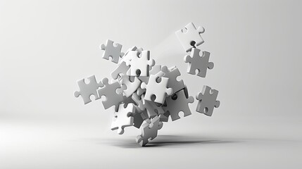 3D illustration of many white puzzle pieces coming together on a white background.