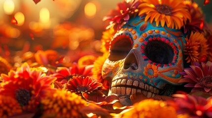 Day of the Dead, Día de Muertos, background. Traditional colorfully painted and decorated skulls. Mexican celebration, holiday. Celebration, festival.
