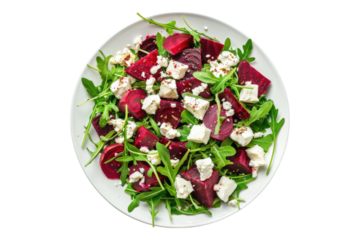 Red beet and goat cheese salad isolated on transparent background