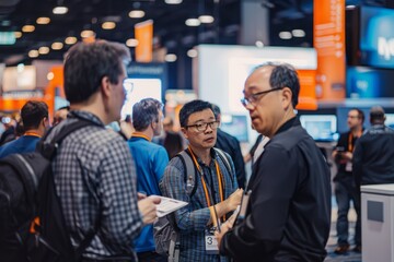 Attendees engaging in conversations and networking at a busy tech conference or expo, showcasing innovation and technology