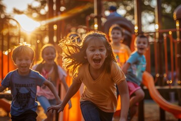 Group of children running, climbing, and laughing on playground equipment as the sun sets in the background - Powered by Adobe