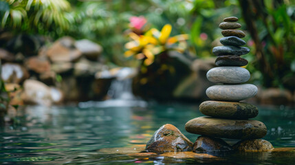Lake with stack of spa stones in tropical garden