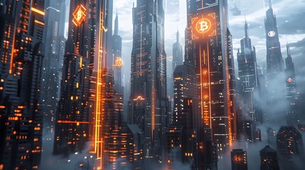 Futuristic Cityscape with Skyscrapers,Neon Lights and Digital Infrastructure in a Technologically Advanced Metropolis at Night