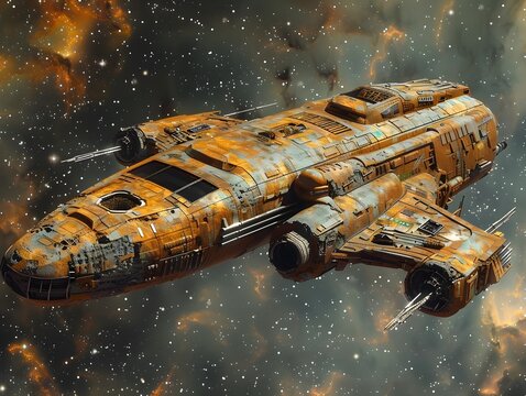 Futuristic Sci-Fi Battlecruiser Navigating Asteroid Field in Vibrant Cosmic Landscape
