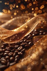Coffee beans and chocolate bathed in golden hour light, surrounded by a luminous Golden Fabric and Bokeh.