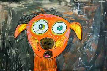Dog, children's drawing with colored pencils. Art painting.